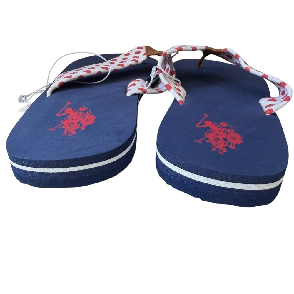 U.S. Polo Assn Womens Flip Flops 9-10 Navy Red Polka Dot Thong Sandals NWT NEW